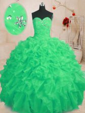  Green Organza Lace Up Quinceanera Gown Sleeveless Floor Length Beading and Ruffles