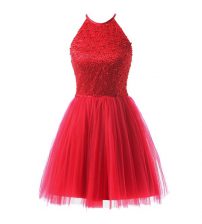 Cheap Scoop Sleeveless Tulle Knee Length Zipper Homecoming Dress in Coral Red with Beading