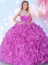  Fuchsia Ball Gowns Beading and Ruffles Quinceanera Gown Zipper Organza Sleeveless Floor Length
