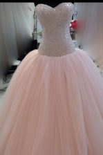 Cute Pink Ball Gowns Tulle Sweetheart Sleeveless Beading and Sequins and Bowknot Floor Length Zipper Evening Dress