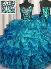  Sleeveless Organza Floor Length Lace Up Quinceanera Gown in Teal with Beading and Ruffles