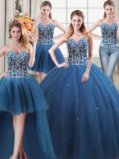 Deluxe Four Piece Beading Quince Ball Gowns Teal Lace Up Sleeveless Floor Length
