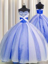  Organza Spaghetti Straps Sleeveless Lace Up Beading and Sequins and Ruching Sweet 16 Dress in Blue And White