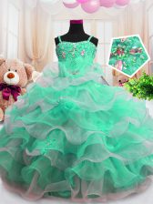 Trendy Spaghetti Straps Sleeveless Organza Pageant Gowns For Girls Beading and Ruffled Layers Zipper