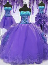 Trendy Four Piece Floor Length Ball Gowns Sleeveless Lavender Vestidos de Quinceanera Lace Up