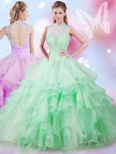  Apple Green High-neck Lace Up Beading and Ruffles Quinceanera Dresses Sleeveless