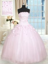  Floor Length Lace Up Ball Gown Prom Dress Baby Pink for Military Ball and Sweet 16 and Quinceanera with Beading and Appliques