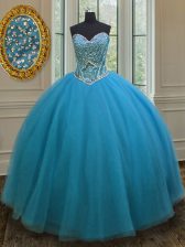  Beading Quinceanera Gown Teal Lace Up Sleeveless Floor Length