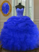 Stunning Royal Blue Organza Lace Up Sweetheart Sleeveless Floor Length Sweet 16 Quinceanera Dress Beading and Ruffles and Pick Ups
