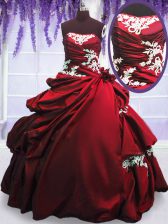 Glorious Wine Red Quinceanera Dress Military Ball and Sweet 16 and Quinceanera with Appliques and Pick Ups Strapless Sleeveless Lace Up