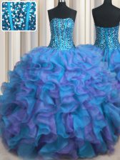  Visible Boning Bling-bling Multi-color Organza Lace Up Ball Gown Prom Dress Sleeveless Floor Length Beading and Ruffles