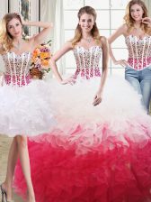 Vintage Three Piece Beading and Ruffles Quinceanera Gowns White and Red Lace Up Sleeveless Floor Length