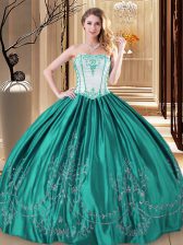 Wonderful Floor Length Lace Up Quinceanera Dress Turquoise for Military Ball and Sweet 16 and Quinceanera with Embroidery