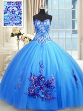  Blue Lace Up Sweetheart Beading and Appliques and Embroidery Sweet 16 Dress Tulle Sleeveless