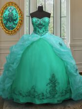 Pretty Turquoise Sleeveless With Train Beading and Appliques and Pick Ups Lace Up Sweet 16 Dresses