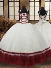 Captivating Floor Length White and Wine Red Toddler Flower Girl Dress Straps Sleeveless Lace Up
