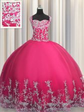  Straps Sleeveless Tulle Quinceanera Gowns Beading and Appliques Lace Up