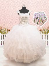 Sweet White Ball Gowns Organza Straps Cap Sleeves Beading and Ruffled Layers Floor Length Lace Up Flower Girl Dress
