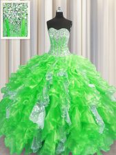 Elegant Visible Boning Sweetheart Sleeveless Organza and Sequined Vestidos de Quinceanera Beading and Ruffles and Sequins Lace Up