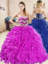  Fuchsia Vestidos de Quinceanera Military Ball and Sweet 16 and Quinceanera with Beading and Ruffles Sweetheart Sleeveless Lace Up