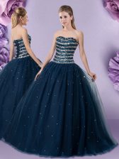  Sleeveless Tulle Floor Length Lace Up Sweet 16 Dresses in Dark Green with Beading