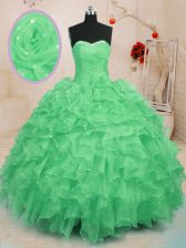 High End Organza Sweetheart Sleeveless Lace Up Beading and Ruffles and Hand Made Flower 15th Birthday Dress in Green