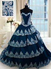 Custom Designed Ruffled With Train A-line Sleeveless Navy Blue Quinceanera Dress Court Train Lace Up