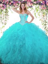 Simple Teal Sleeveless Beading and Ruffles Floor Length Sweet 16 Dress