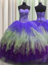 Captivating Visible Boning Multi-color Sleeveless Floor Length Beading and Ruffles and Sequins Lace Up Quinceanera Dresses