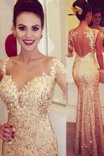 Cheap Mermaid Gold Sweetheart Backless Lace and Appliques and Sequins Long Sleeves