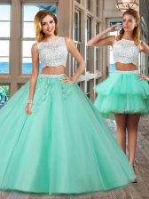 Attractive Bateau Sleeveless Quinceanera Gown Floor Length Beading and Appliques Apple Green Tulle