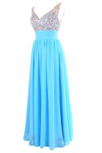 Attractive Aqua Blue Column/Sheath Beading Prom Party Dress Zipper Chiffon Sleeveless Floor Length