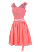 Glamorous Mini Length Watermelon Red Prom Dresses Chiffon Sleeveless Lace and Sashes ribbons