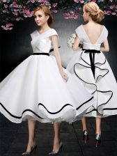 Fabulous Tea Length A-line Cap Sleeves White Prom Party Dress Zipper