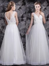Latest Floor Length White Evening Dress Tulle Sleeveless Beading and Appliques