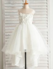  Scoop High Low A-line Short Sleeves White Flower Girl Dresses for Less Zipper