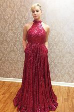  Halter Top Sequins Wine Red Sleeveless Sequined Zipper Prom Party Dress for Prom