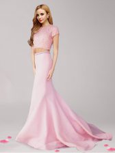  Pink Prom with Beading Scoop Short Sleeves Brush Train Zipper