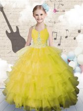  Halter Top Sleeveless Party Dresses Floor Length Beading and Ruffled Layers Yellow Green Organza
