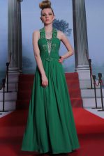  Halter Top Teal Sleeveless Beading and Ruching Floor Length Prom Gown