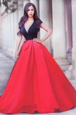  Red And Black V-neck Neckline Beading Prom Gown Short Sleeves Zipper
