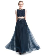  Scoop Floor Length Zipper Prom Dress Navy Blue for Prom and Party with Beading