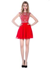 Edgy Red Empire High-neck Sleeveless Tulle Mini Length Zipper Beading Prom Dress