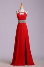 Custom Designed Halter Top Red Satin Zipper Prom Dresses Sleeveless Floor Length Beading and Belt