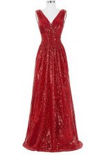  Red V-neck Neckline Sequins Prom Gown Sleeveless Zipper