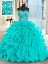  Aqua Blue Ball Gowns Beading and Ruffles Ball Gown Prom Dress Lace Up Organza Sleeveless With Train