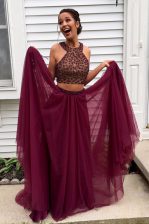  Halter Top Burgundy A-line Beading Prom Gown Backless Tulle Sleeveless With Train