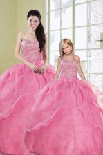 High Class Beading and Sequins 15th Birthday Dress Rose Pink Lace Up Sleeveless Floor Length