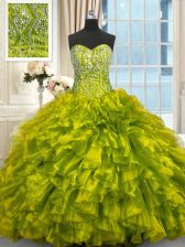  Olive Green Sleeveless Brush Train Beading and Ruffles Ball Gown Prom Dress