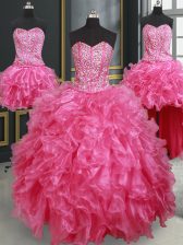  Four Piece Hot Pink Lace Up Sweet 16 Dress Beading and Ruffles Sleeveless Floor Length